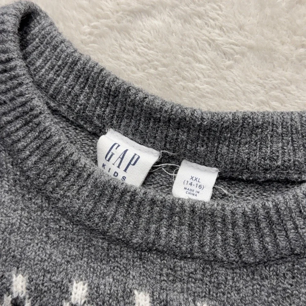 Gap Kids Fair Isle Sweater 2XL 14-16 Gray Cotton Knit Geometric Pullover Youth